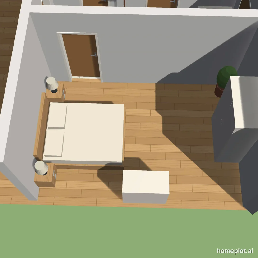 Ložnice shora s manželskou postelí, nočními stolky, šatní skříní a komodou – 3D návrh v homeplotu