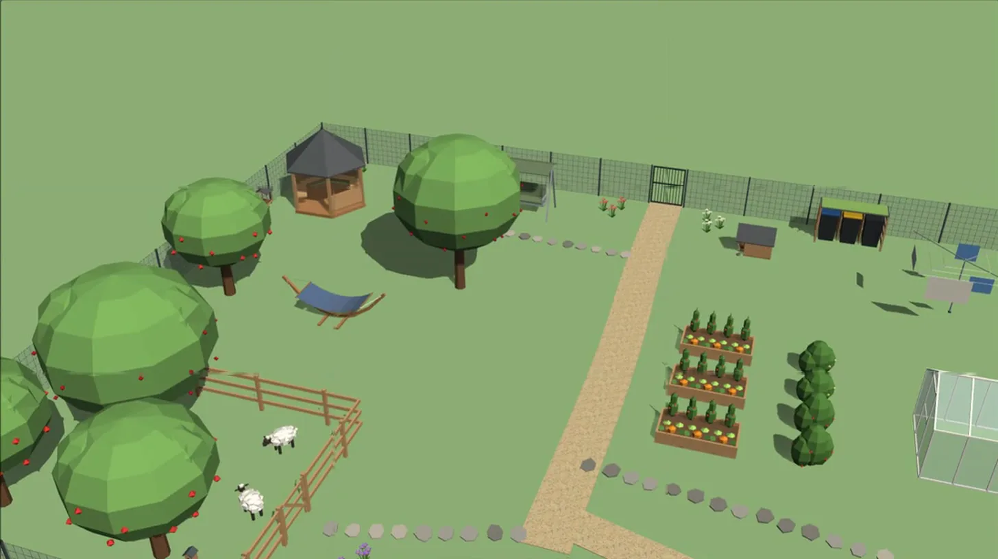 Venkovská zahrada s ovocnými stromy, ovcemi, vyvýšenými záhony a skleníkem – 3D návrh v homeplotu