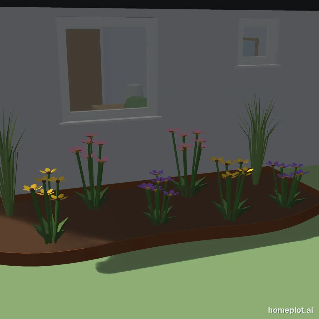 Trvalkový záhon u domu s kovovou obrubou – 3D návrh v homeplotu