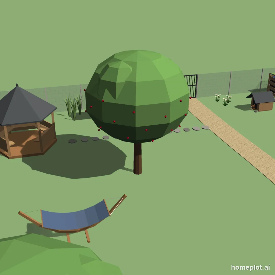 Zahrada s altánem, houpací sítí, okrasným stromem a mlatovou cestou – 3D návrh v homeplotu