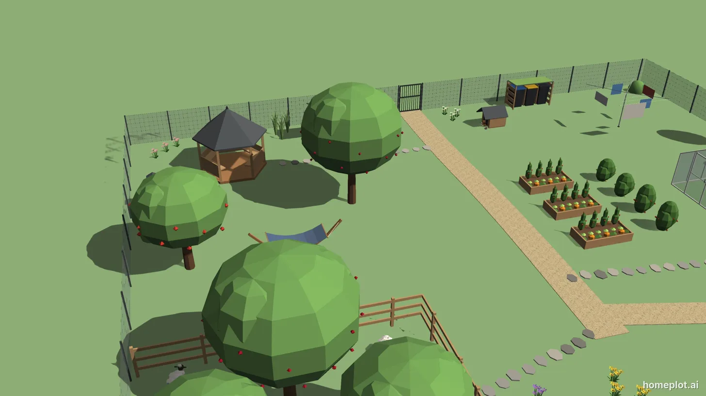 Zahrada s ovocnými stromy, altánem, vyvýšenými záhony a mlatovou cestou – 3D návrh v homeplotu