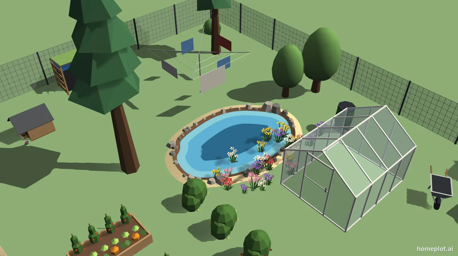 Zahrada s jezírkem, skleníkem, vyvýšenými záhony a smrkem – 3D návrh v homeplotu
