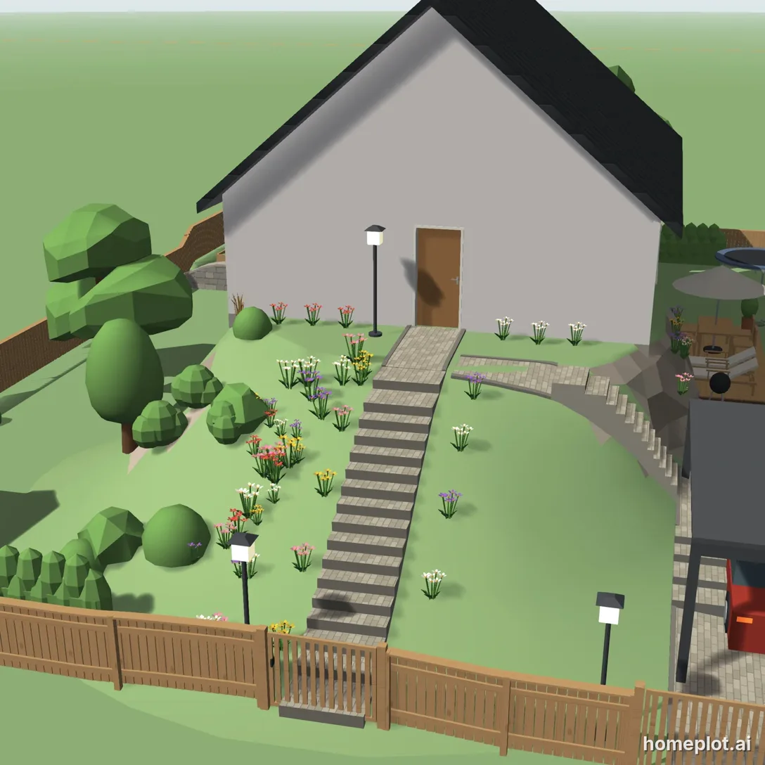 Dům na kopci, travnatý svah s keři a květinami a schody od branky ke dveřím – 3D návrh v homeplotu