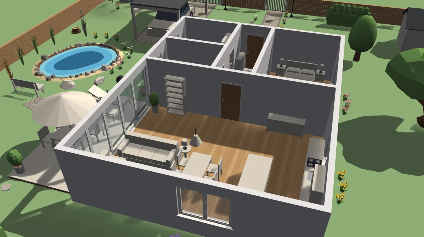 Dům v řezu se zařízeným obývákem, terasou a zahradou s jezírkem – 3D návrh v homeplotu
