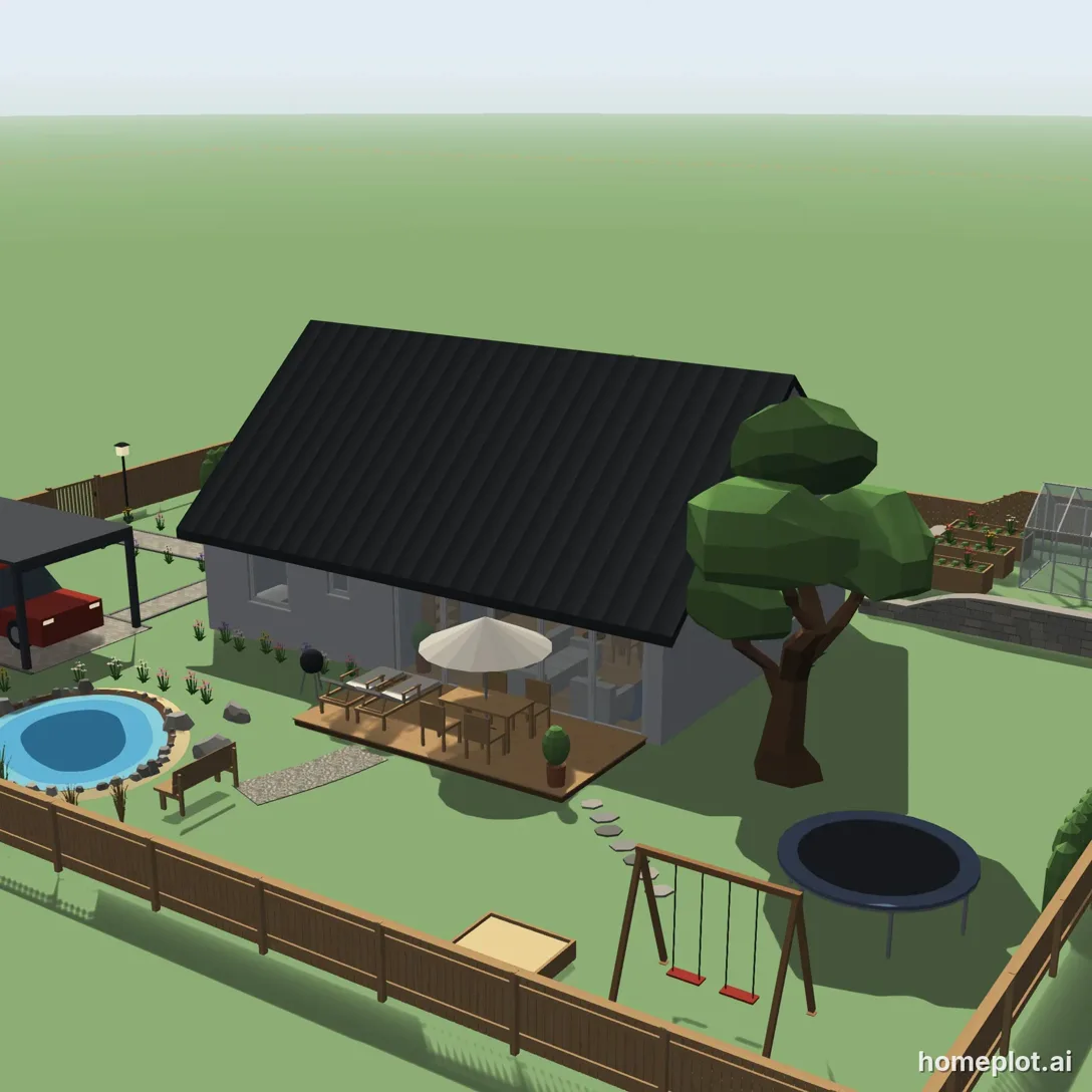 Přízemní dům se sedlovou střechou, terasou a zahradou za dřevěným plotem – 3D návrh v homeplotu