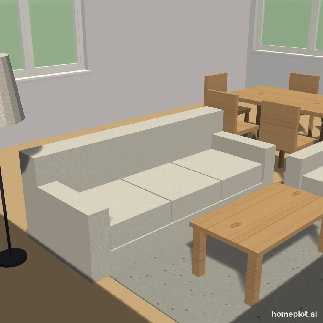 Obývák se sedačkou, konferenčním stolkem a jídelním stolem u okna – 3D návrh v homeplotu